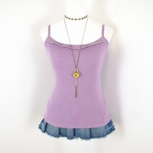 VTG 00s Y2K J. Jill Purple Ruffle Lace Trim Waffle Thermal Knit Cami Top Sz M